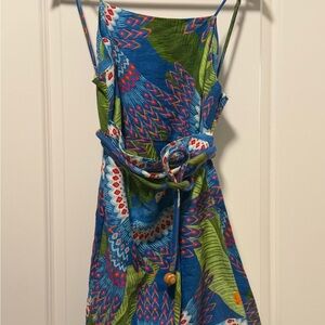 FARM Rio Blue and Green Linen Macaw Tropical Dress - NWT